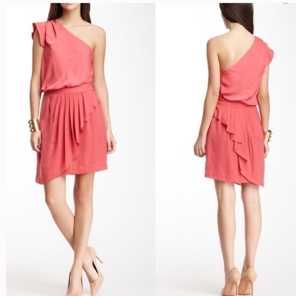 BCBGeneration One Shoulder Ruffle Dress Guava Pink size 12 - Picture 2 of 9